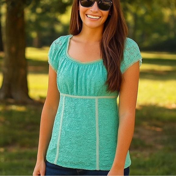 Vanity Tops - Y2K Babydoll Cap Ruffle Sleeve Aquamarine Blue Gilmore Girls Top Womens Small
